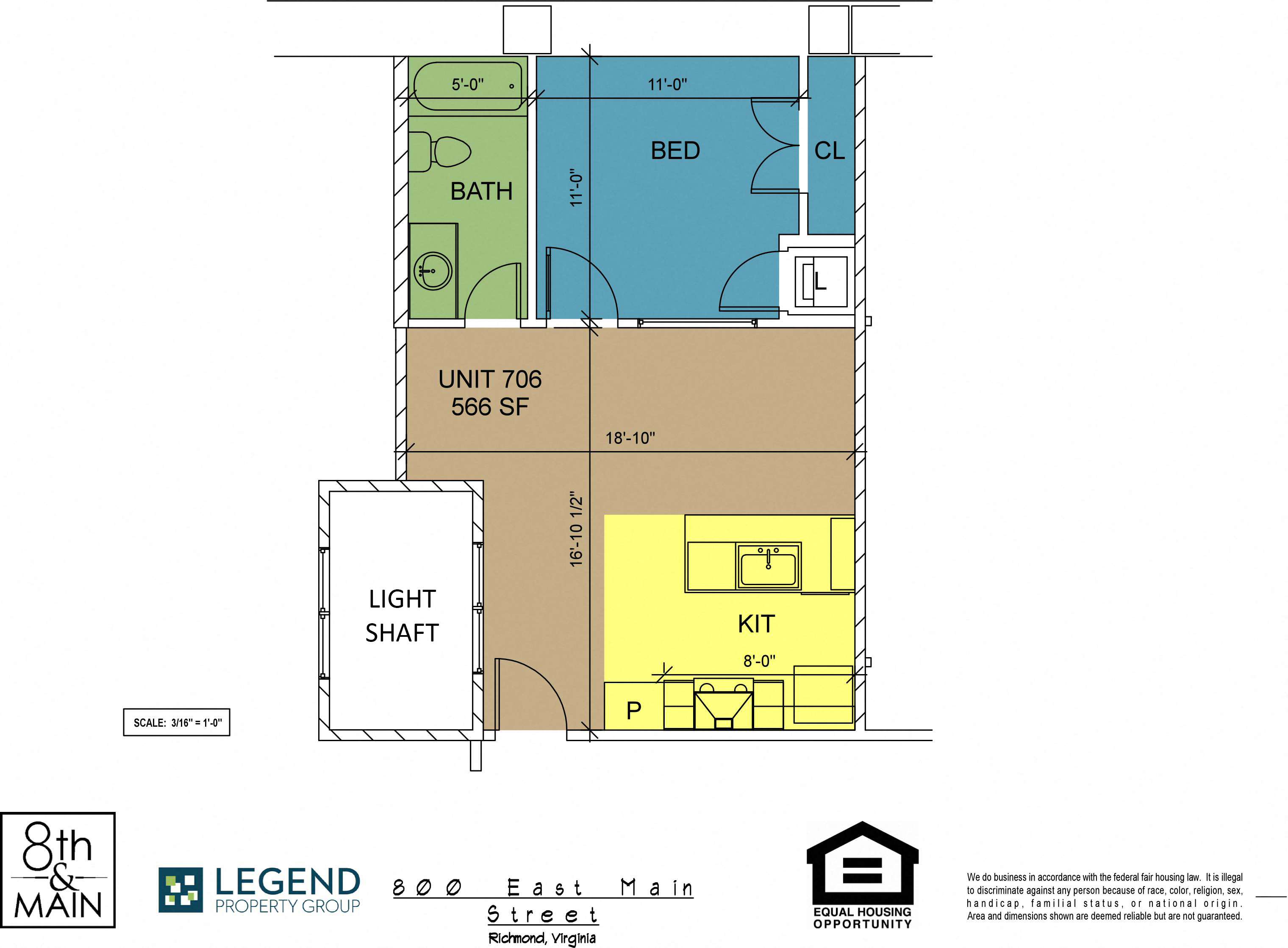 Floor plan for 1 bed, 1 bath, 566 sqft